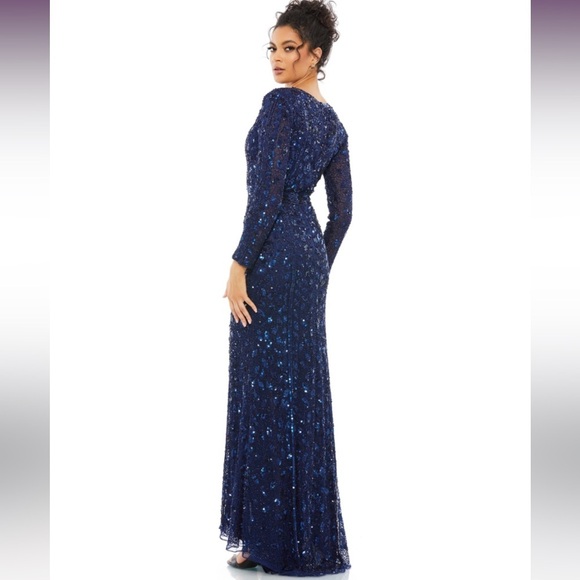 Mac Duggal 5002 Embellished Front Slit Long Sleeve Gown Midnight Blue sz 4 - Picture 3 of 10
